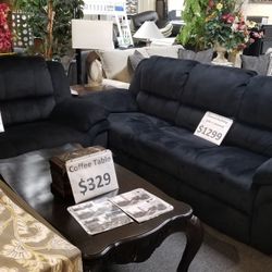 Brand New Black Padded Suede Manual Reclining Sofa + Loveseat 2PCs Set