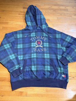 Tommy Jeans Plaid Full Zip Hoodie Men’s L Crest Logo Fleece Lined Blue Green/;