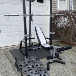 squat rack with last pull down,weight and bench