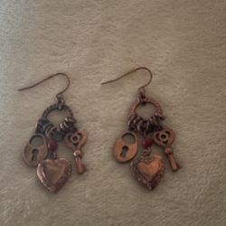 Bronze Lock,key,& Heart Locket Earrings 
