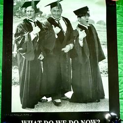 Three Stooges dressed in graduation caps and gowns. The caption “WHAT DO WE DO NOW?”