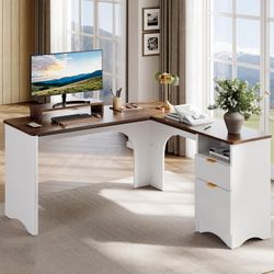 Bestier L Shaped Desk with File Drawer, 55.7" x 55" Office Computer Desk with Round Corners, Modern