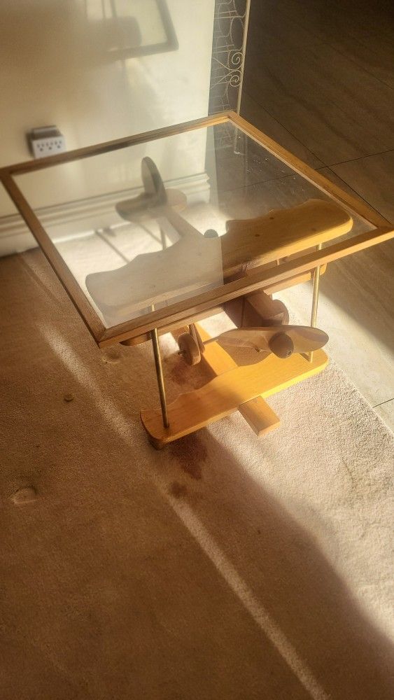 Airplane Wood Glass Top End Side Table