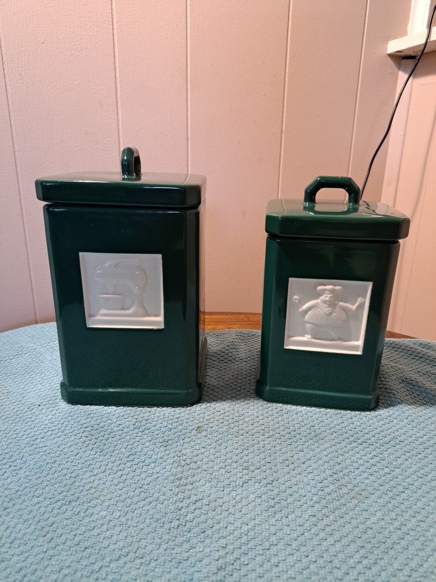 FOREST GREEN TILEWARE 2 Vintage Cannister/Cookie Jar/Replacement Mixmaster