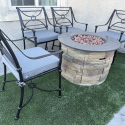 Patio Outdoor Furniture 4 Chairs Metal With New Cushions And Fire Pit 🔥🔥🔥