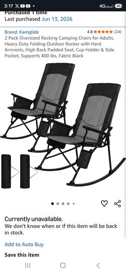 2 Pack Oversized Rocking Camping Chairs for Adults, Heavy Duty Folding Outdoor Rocker with Hard Armrests, High Back Padded Seat, Cup Holder & Side Poc