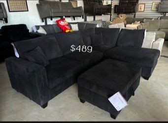 Stylish‼️3-Pc Black Corduroy Sectional Sofa With Ottoman Storage