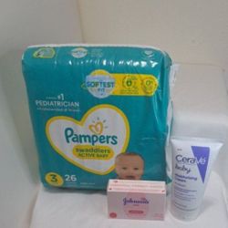 Pampers Size 3/26 Ct + CeraVe Cream & Johnson's Body Bar