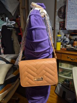 BEBE Quilted Tan Crossbody Bag with Gold Chain Strap