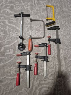 Woodworking Tool Lot – Bessey Clamps, Coping Saw, Circle Jig