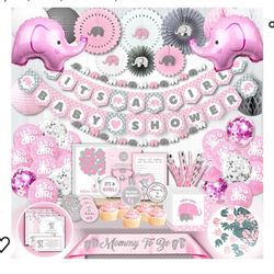
697 PC Premium Elephant Baby Shower Decorations for Girl Set It's A Girl Banners, Napkins, Straws, Guest Book, Paper Lanterns, Honeycomb Balls, Fans,