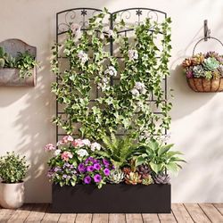 Metal Planter Box With Trellis, Outdoor Raised Garden Bed With Privacy Screen For Climbing Plants