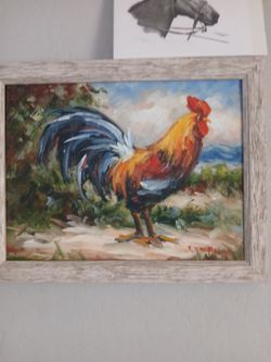 Framed Rooster Oil Painting