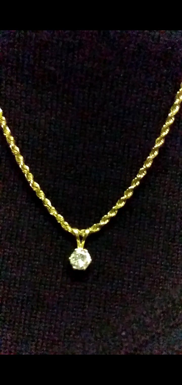 Diamond Pendant With 18 Inch 24K. Gold  Roped Chain Stone Measure 1/2 Carat  w/ New  Lobster Closure