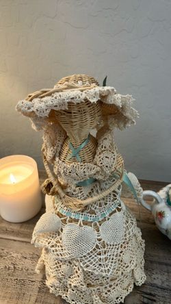 Vintage Woven Wicker & Crochet Lady Figurine – 11" Tall Doll with Hat & Basket
