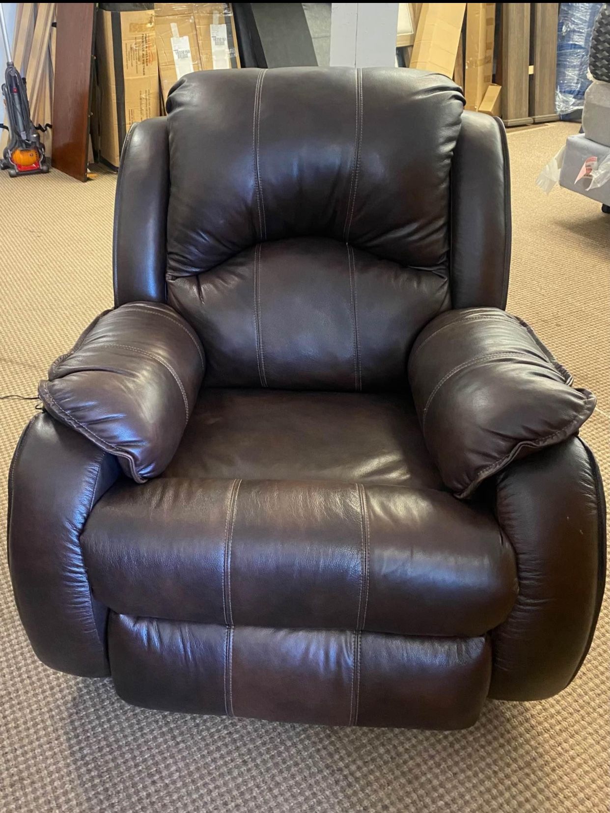 BROWN LEATHER POWER ROCKER RECLINING CHAIR