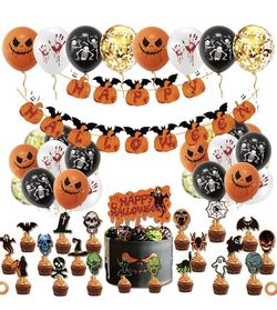 Halloween Party Decorations for Kids, Halloween Balloons Pumpkin Face Set with Halloween banner, Latex Balloon, Cake Topper and Orange Ribbon for Hall