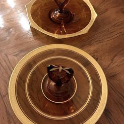 2 Vintage Amber Colored Matching Depression Glass Platters with Handles