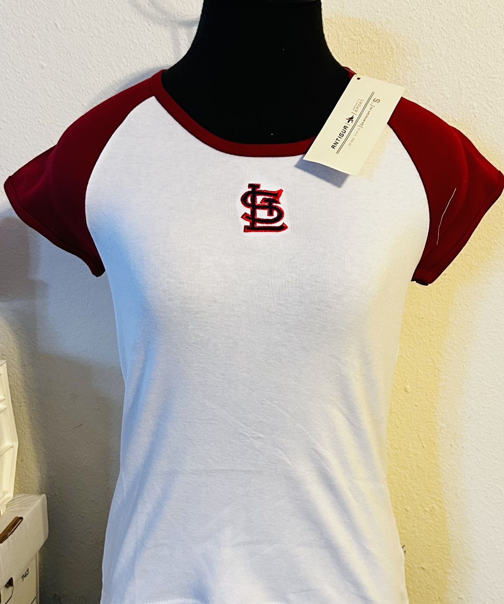 St Louis Cardinals White with Red Woman’s Short Sleeve Size Small T-SHIRT with a Beautifully Embroidered Logo on the Center Chest