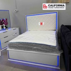 Modern Glam LED Upholstered Queen Bed Frame - White & Crystal Sparkle Trim