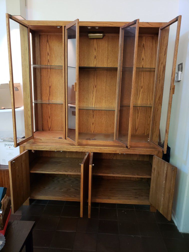 Oak Cabinet With Lighted Glass Shelves