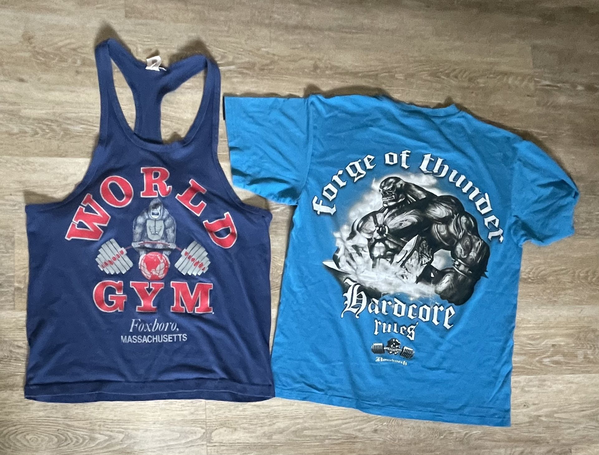 VTG World Gym Mens Lifting USA Made Blue Racerback Gorilla Bodybuilding *2 Gym Tees* Roughneck Hardcore Rules Forge of Thunder
