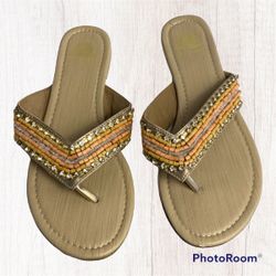 Maui Island Tan Yellow Orange Beaded Gemmed Flip Flops Wm 8