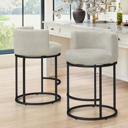 Set of 2 Swivel 180° Bar Stools, 26.8" Counter Height Bar Stools, Faux Leather Barrel Counter Stools, Light Beige Gray

