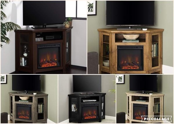 Corner Electric Fire Logs TV Storage Stand in Black, White Wood