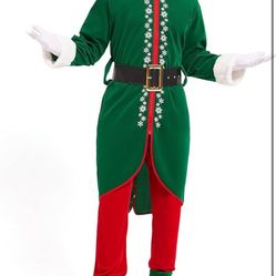 Elf Costume Men Adult Christmas Outfit Deluxe 6PCS Set Plus Size Suit Santa Helper Holiday Cosplay Party Halloween