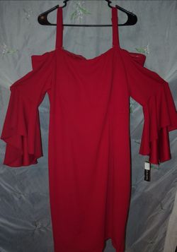 R & M Richards Red Off the Shoulder Dramatic Tiered Bell Sleeves w Removable Shoulder Strap Knee Length Dress (XL 16-18)
