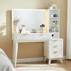 48" Fluted Makeup Vanity Desk with Large 36" Mirror and Lights, Modern Glass Top Big Vanity Table with 5 Drawers & Adjustable Shelves, Dress