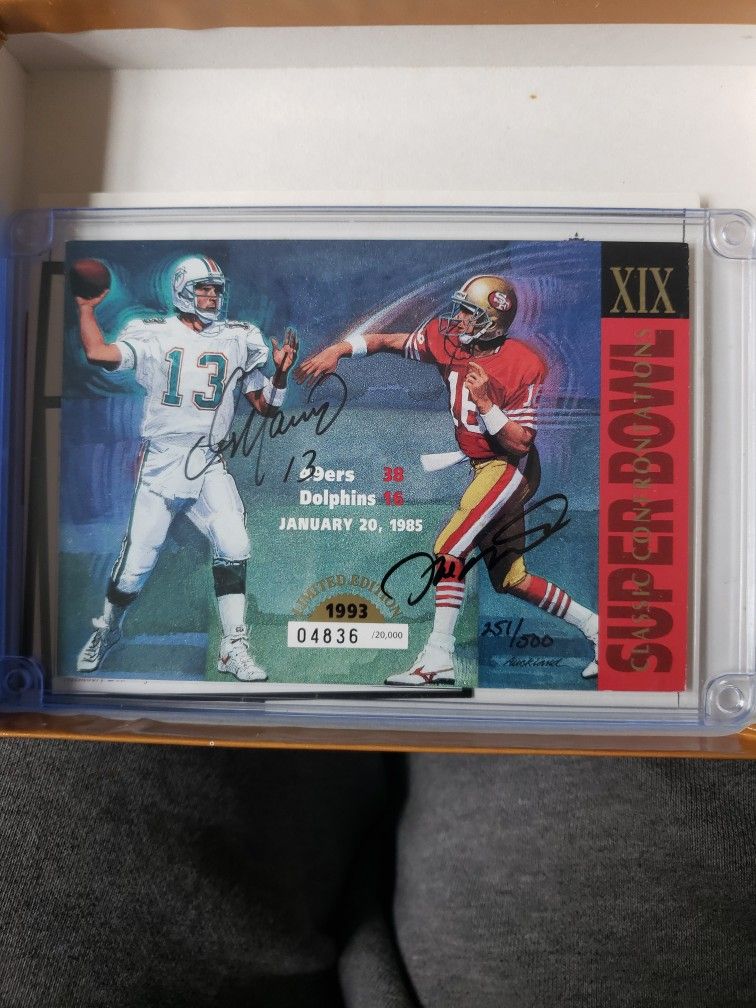 This is an upper deck Super Bowl 19 classic confrontation Autographed card Joe  Montana Dan marino for Sale in Oceanside, CA - OfferUp