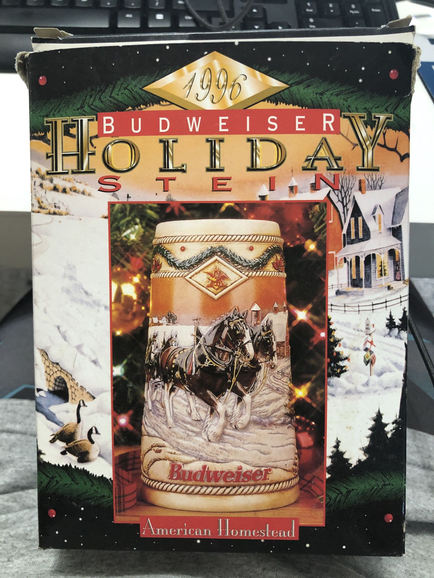 Budweiser 1996 Holiday beer stein, American homestead by ceramarte