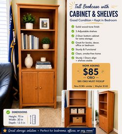 Tall Bookcase with Cabinet 70" Wood Finish $85 OBO Bedroom Office Storage Wayfair Style