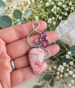 Rhodochrosite & Pink Topaz Gemstone 2.8” Silver Pendant