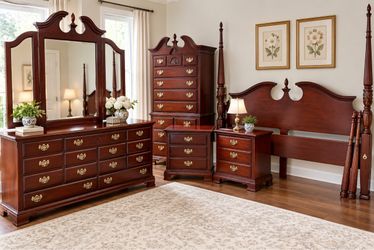 Cherry Wood Chippendale King Size Bedroom Furniture Set
