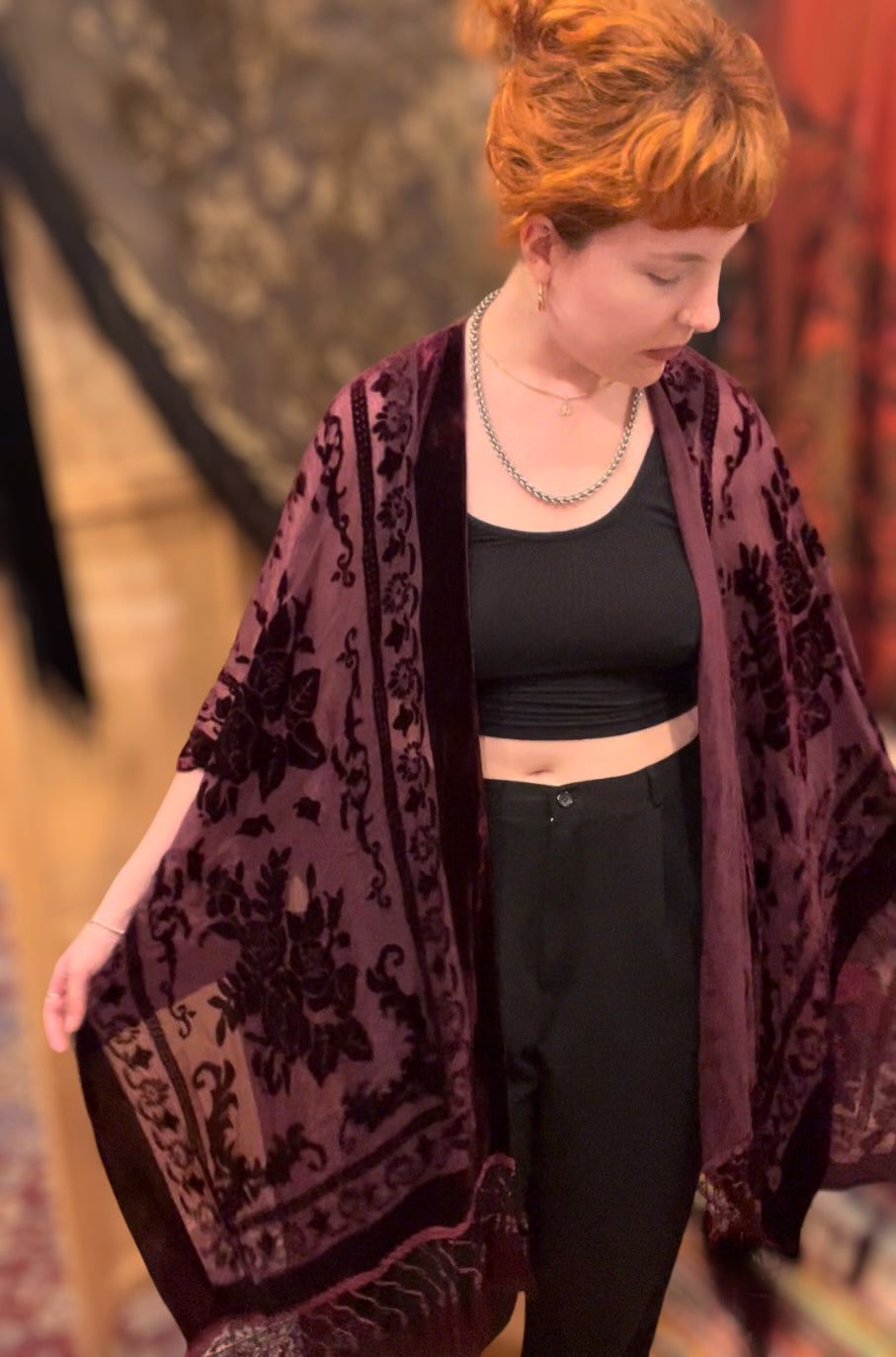Free People Deep Plum Purple Velvet Kimono With Fringe NWOT One Size