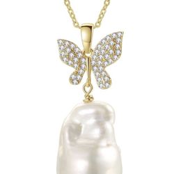 Large Baroque Pearl Pendant 18K Real Gold Chain Necklace for Women, 25-28mm Pearl 