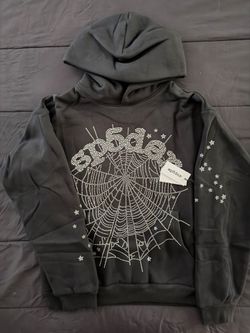 Sp5der Black Rhinestone Hoodie Size M