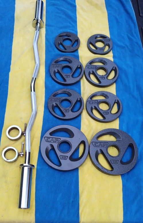 NEW CAP CURL BAR. &. EASY GRIP OLYMPIC PLATES : PAIRS OF 10s & 2.5s & (FOUR) 5s