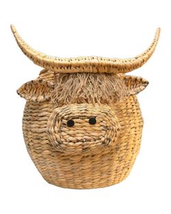 Large Woven Highland Cow Storage Basket with Lid – 19.6" x 18"H