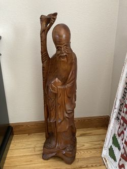 Solid Wood Statue Shou Xing Chinese 3 Feet Tall