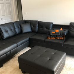 Brand New Black Leather Sectional Sofa w/Storage Chaise +Ottoman (New In Box) 