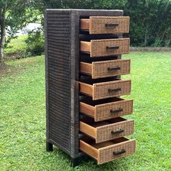 Wood Braided Jute Wicker Rattan Two Tone 7 Drawer Lingerie Organizer