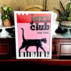 Black Cat Jazz Club New York City Canvas White Framed Wall Art Piano Music Poster Kitty 20x26β