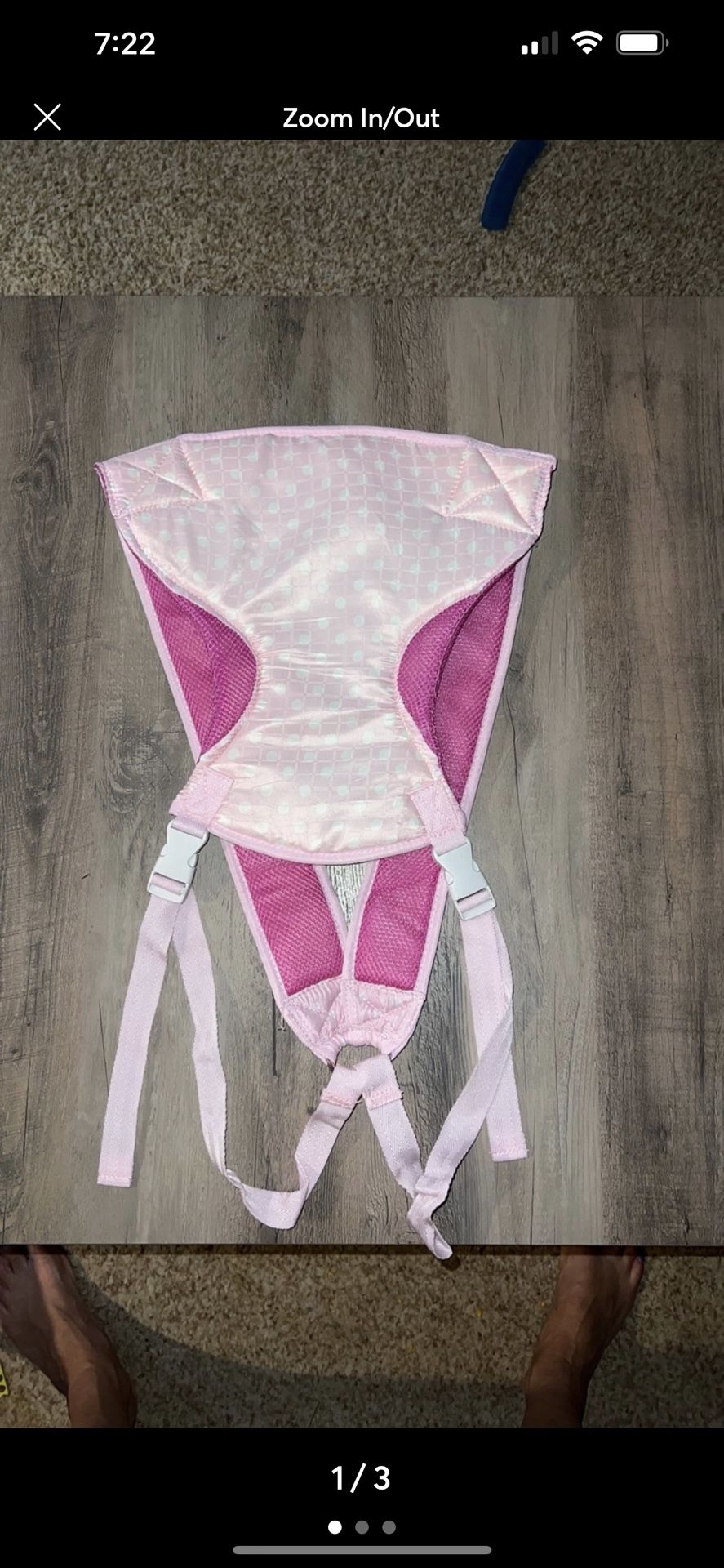 Baby carrier light pink with white polka dots for babies up to 25 pounds