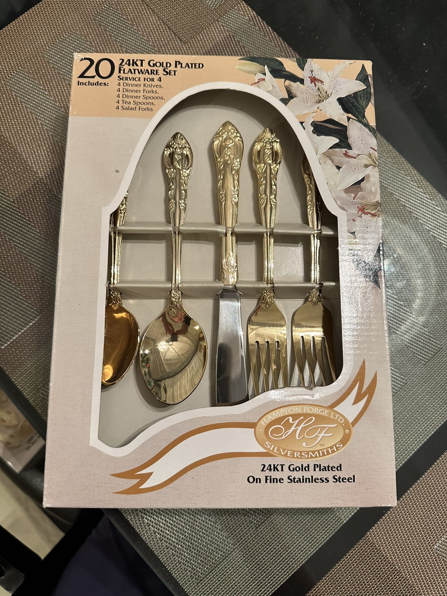 Hampton Forge Silversmiths 24KT Gold Plated 20 Piece Flatware Set (2 sets)