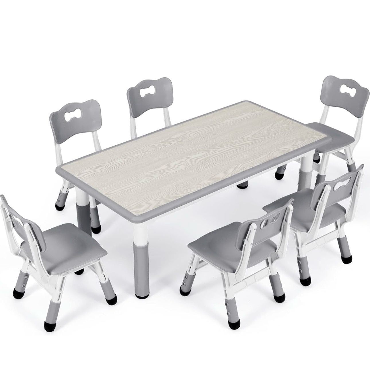 Children's Table with 6 Chairs, Height Adjustable Children's Table Set, Plastic Furniture, Painting Table for Boys and Girls from 2 Years, Grey