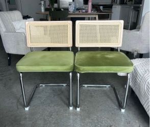 Pair of MCM Cesca-Style Cantilever Chairs – Green Velvet & Cane